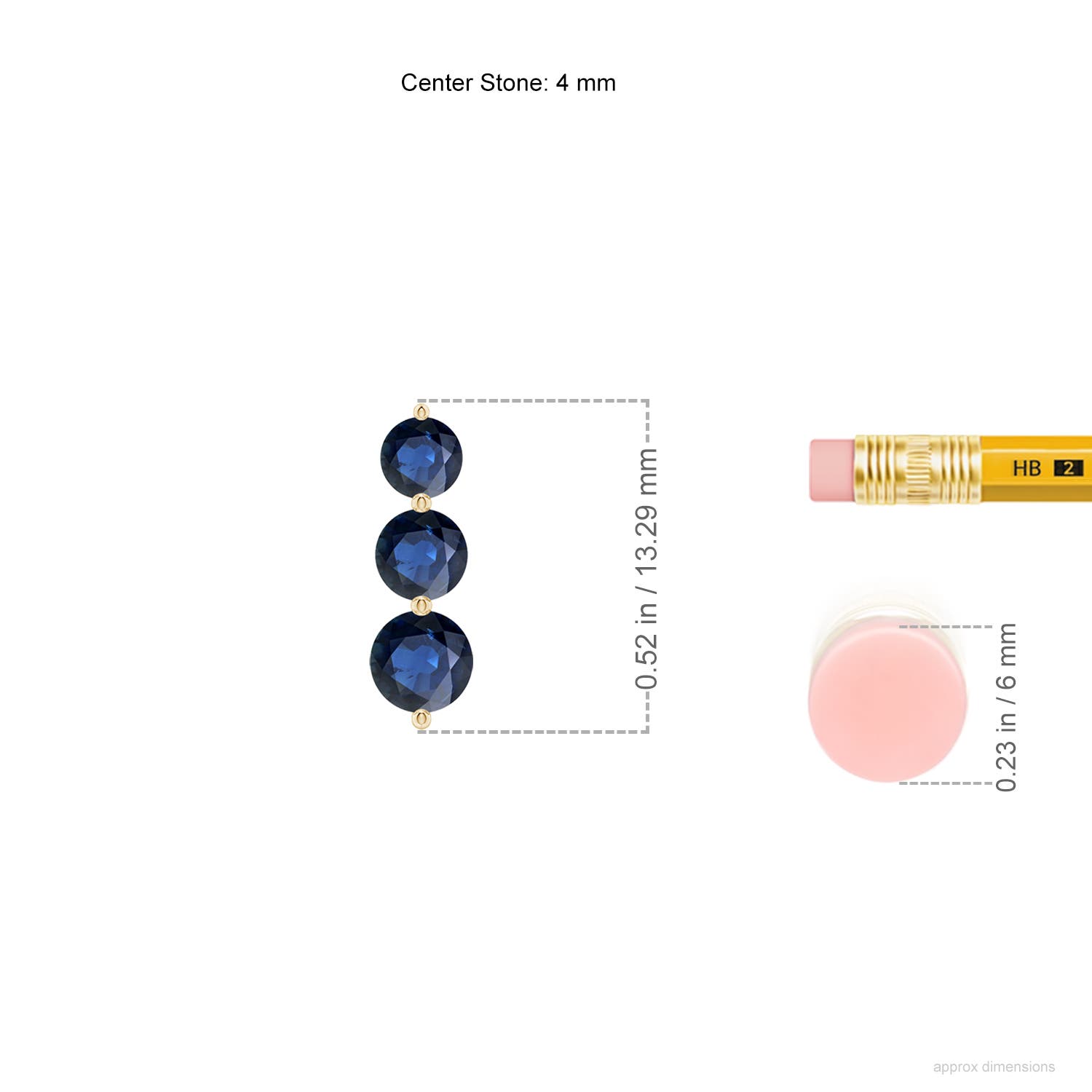 4mm AA Graduated Round Blue Sapphire Three Stone Earrings in Yellow Gold - ruler