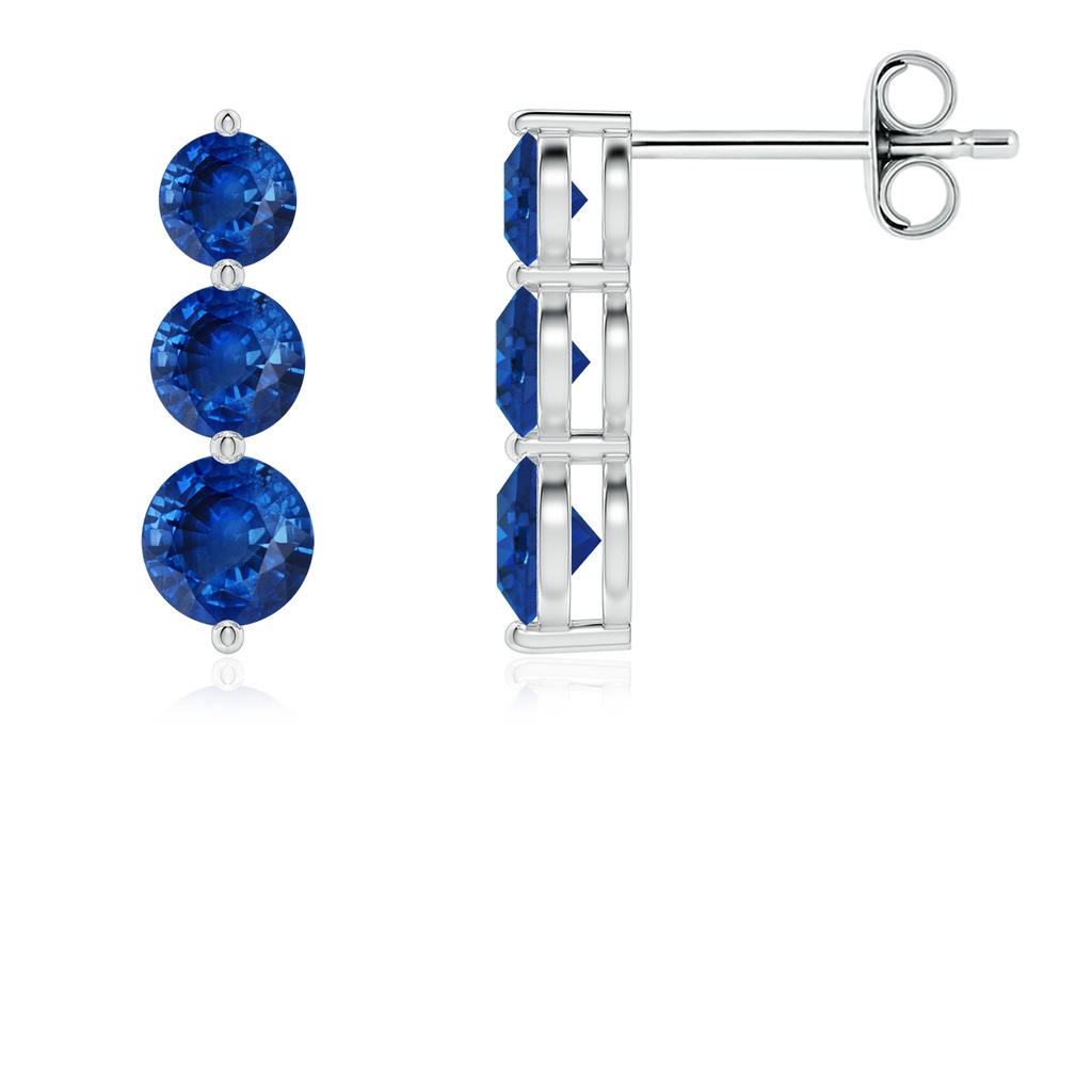 4mm AAA Graduated Round Blue Sapphire Three Stone Earrings in White Gold