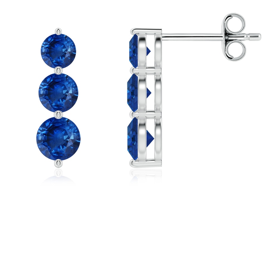 4mm AAA Graduated Round Blue Sapphire Three Stone Earrings in White Gold 