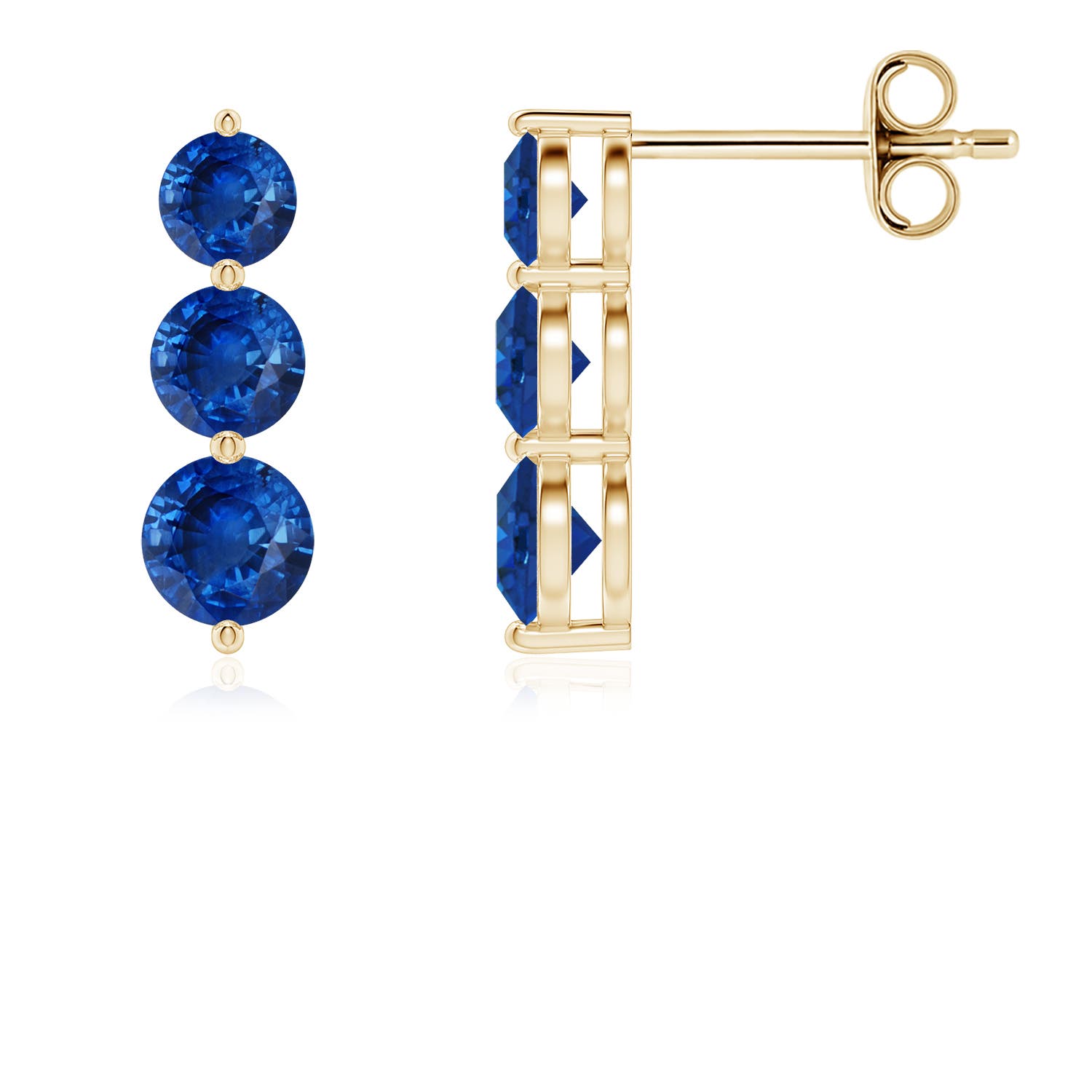 4mm AAA Graduated Round Blue Sapphire Three Stone Earrings in Yellow Gold