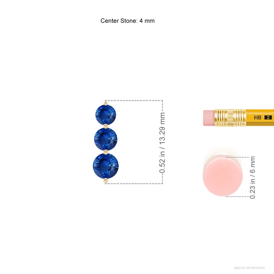 4mm AAA Graduated Round Blue Sapphire Three Stone Earrings in Yellow Gold ruler
