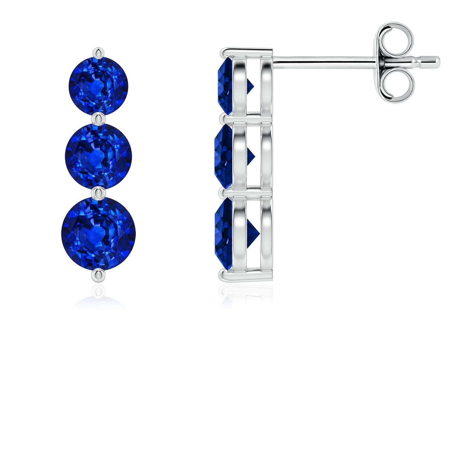 4mm AAAA Graduated Round Blue Sapphire Three Stone Earrings in 18K White Gold