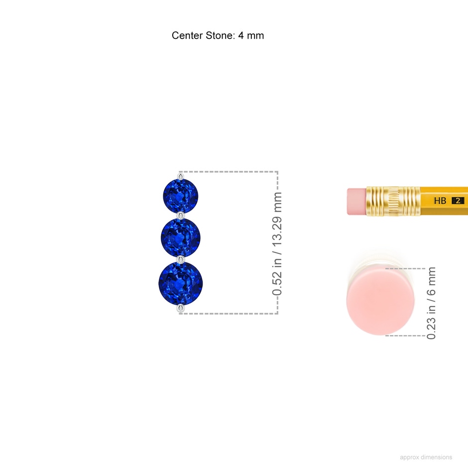 4mm AAAA Graduated Round Blue Sapphire Three Stone Earrings in White Gold ruler