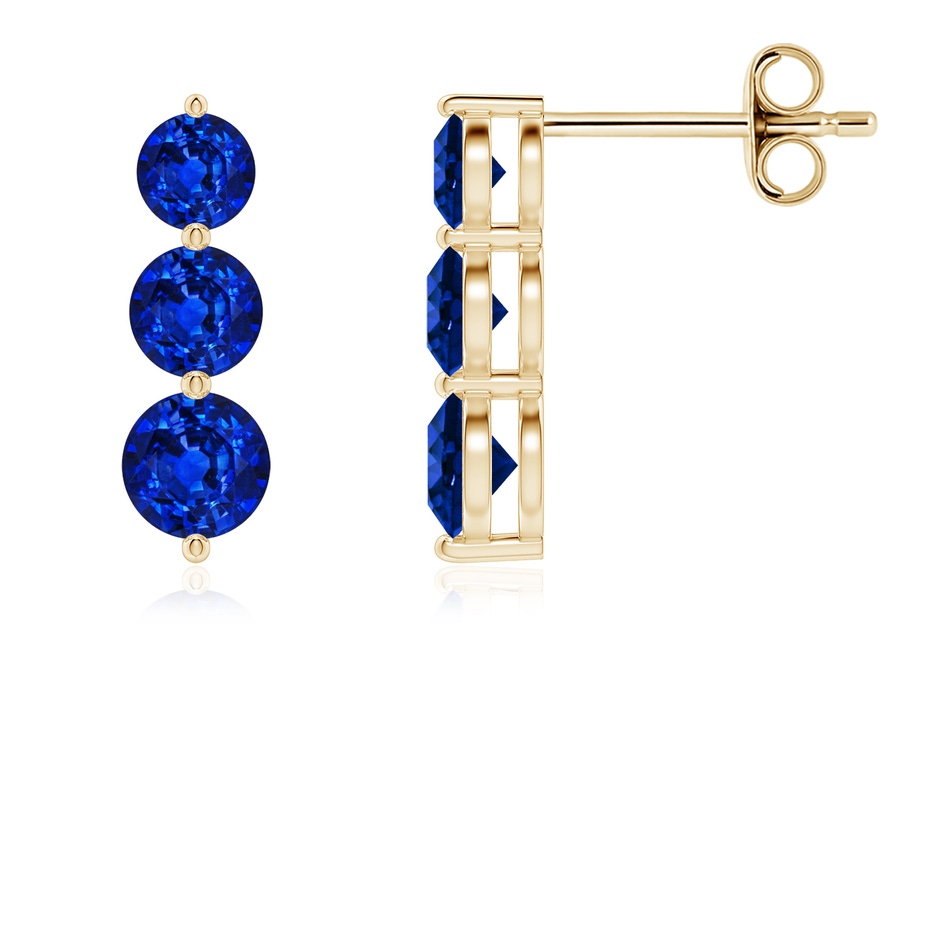 4mm AAAA Graduated Round Blue Sapphire Three Stone Earrings in Yellow Gold 