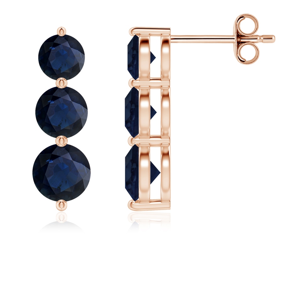 5mm A Graduated Round Blue Sapphire Three Stone Earrings in Rose Gold 