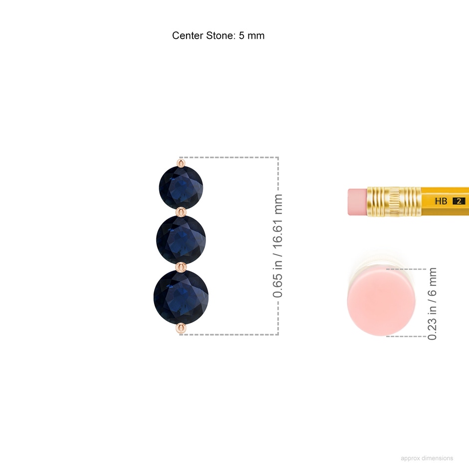 5mm A Graduated Round Blue Sapphire Three Stone Earrings in Rose Gold ruler