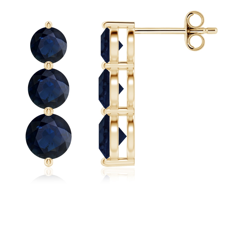 5mm A Graduated Round Blue Sapphire Three Stone Earrings in Yellow Gold 