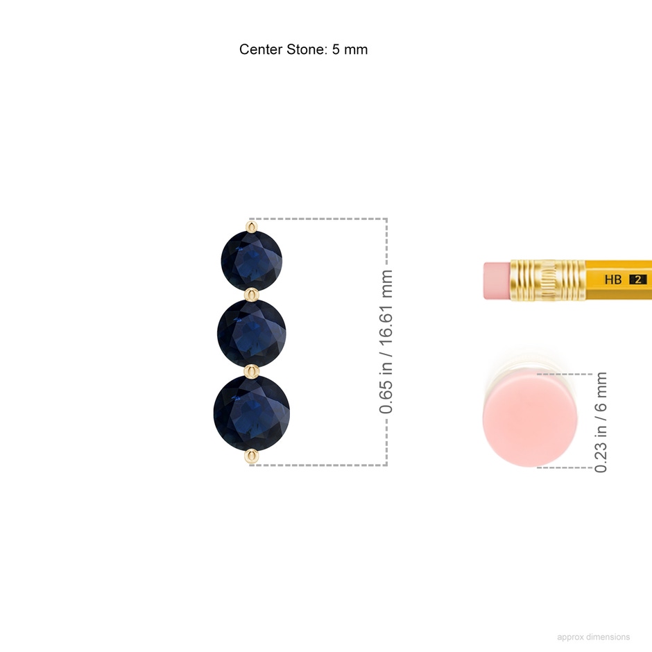 5mm A Graduated Round Blue Sapphire Three Stone Earrings in Yellow Gold ruler