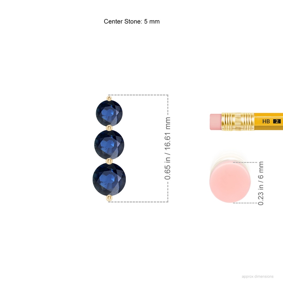 5mm AA Graduated Round Blue Sapphire Three Stone Earrings in Yellow Gold ruler