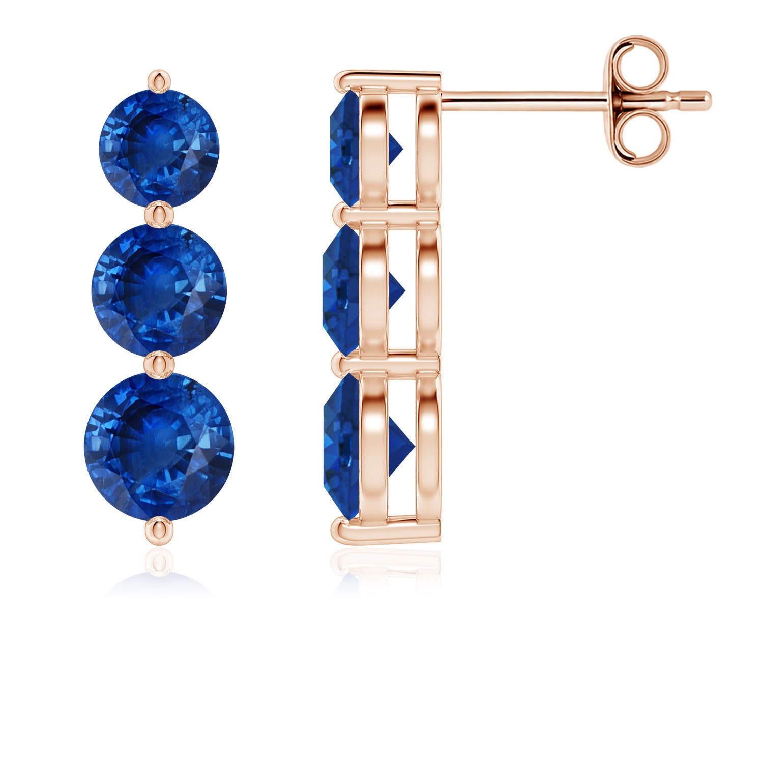 5mm AAA Graduated Round Blue Sapphire Three Stone Earrings in Rose Gold