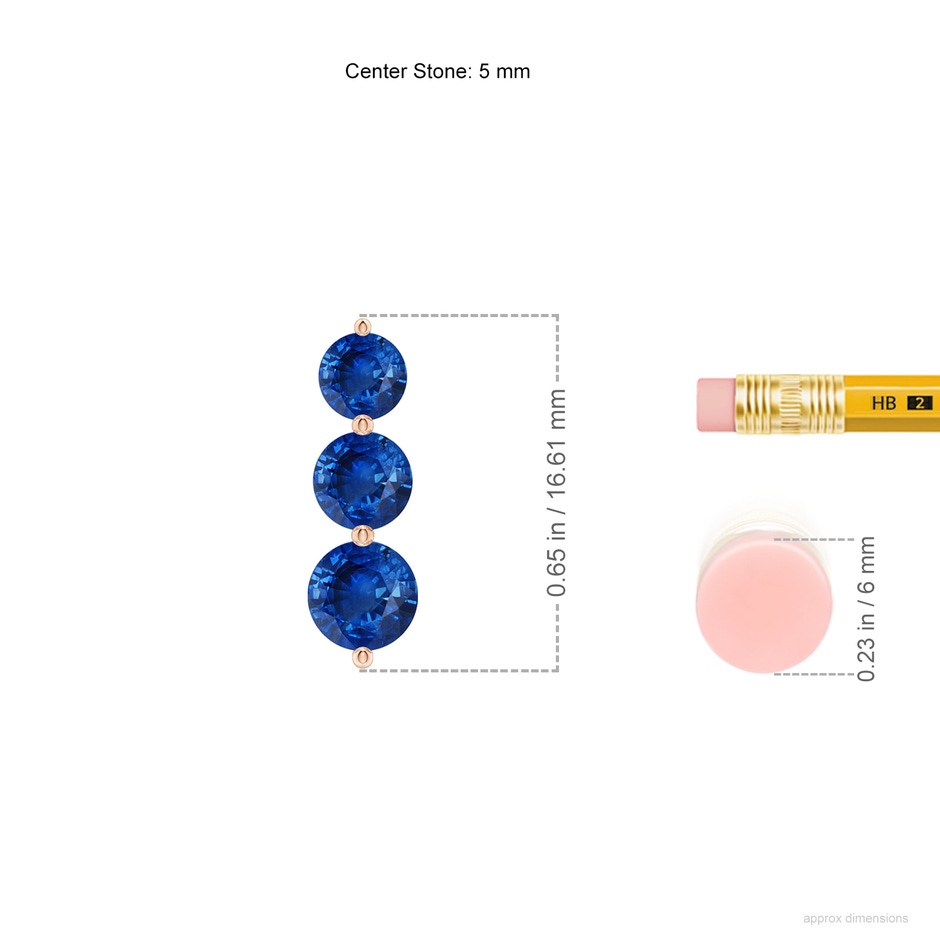 5mm AAA Graduated Round Blue Sapphire Three Stone Earrings in Rose Gold ruler