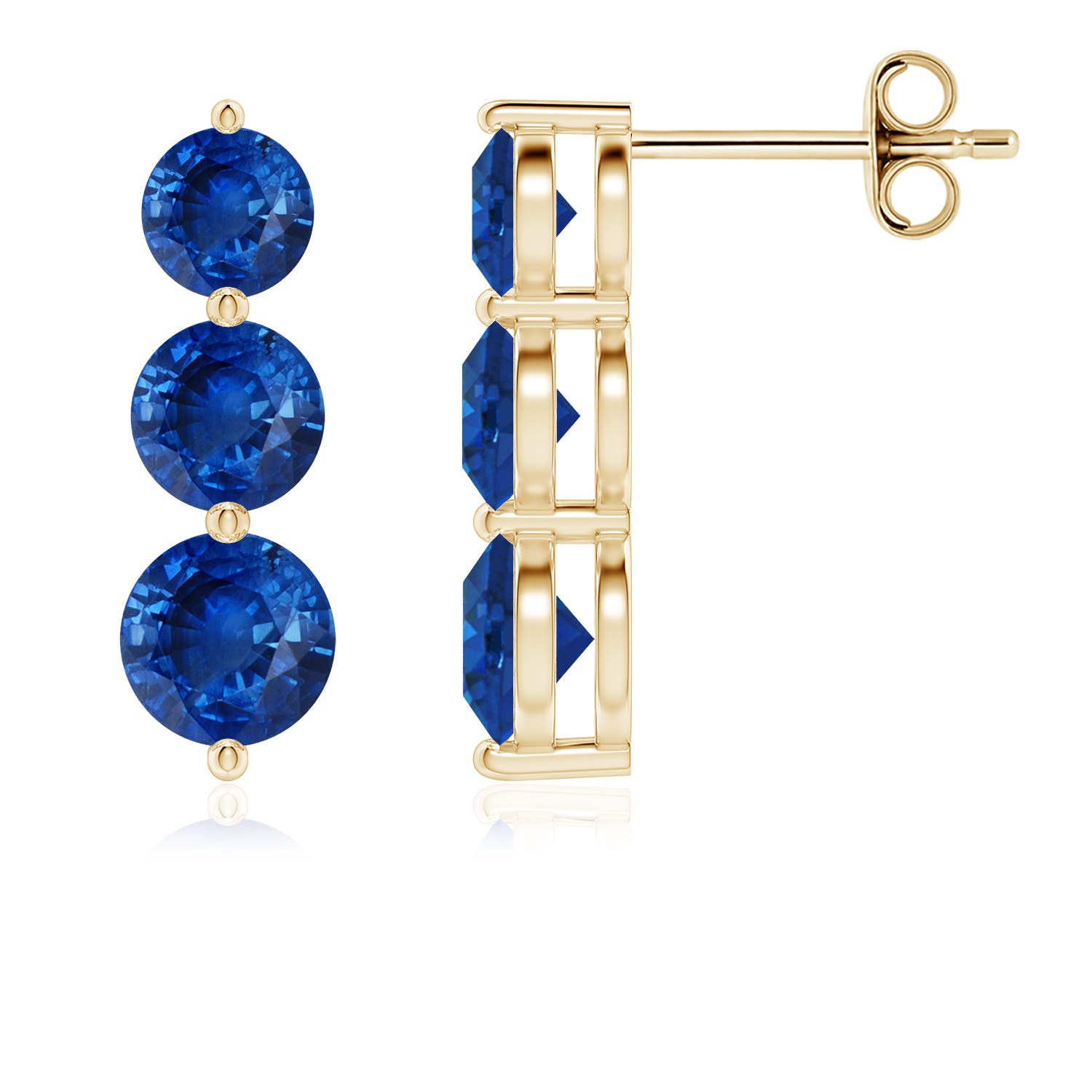 5mm AAA Graduated Round Blue Sapphire Three Stone Earrings in Yellow Gold