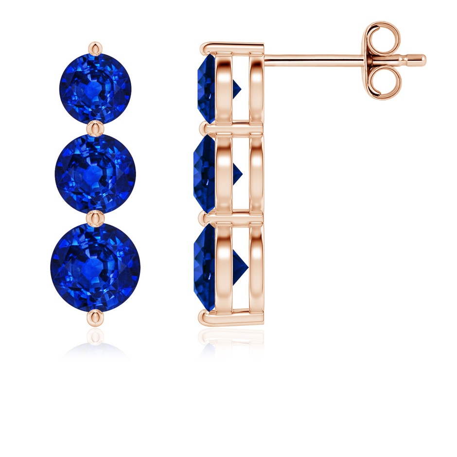 5mm AAAA Graduated Round Blue Sapphire Three Stone Earrings in Rose Gold 