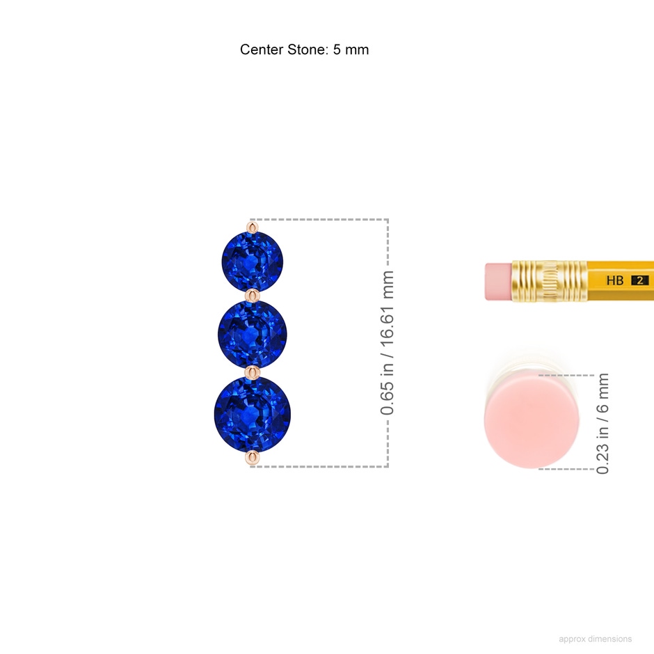 5mm AAAA Graduated Round Blue Sapphire Three Stone Earrings in Rose Gold ruler