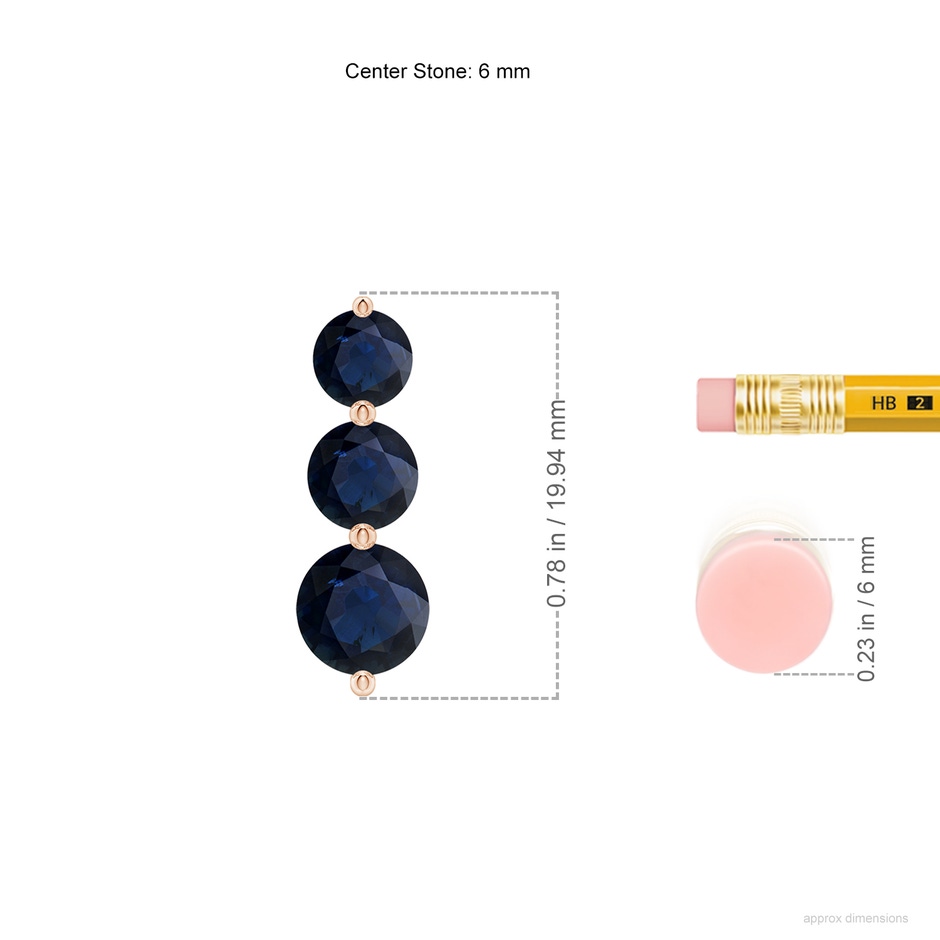 6mm A Graduated Round Blue Sapphire Three Stone Earrings in Rose Gold ruler