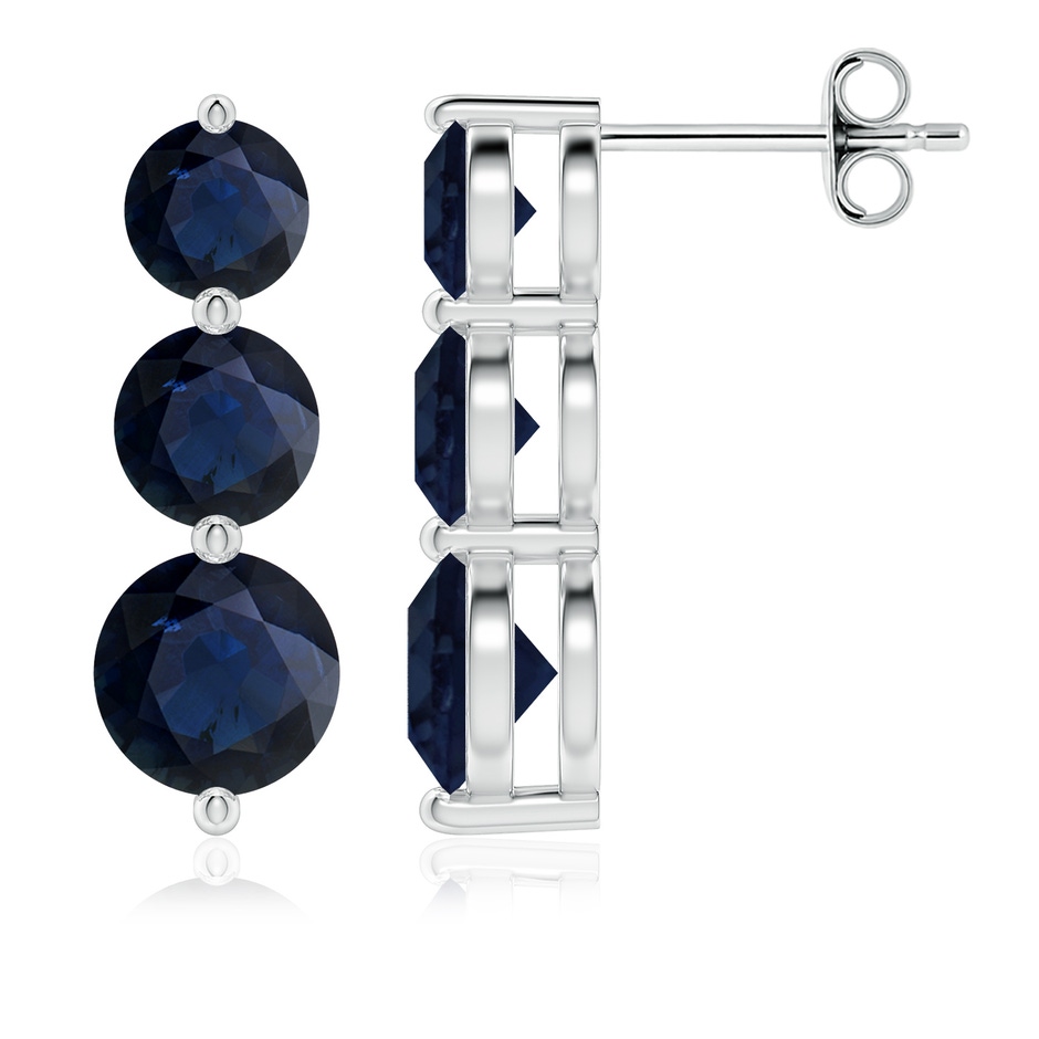 6mm A Graduated Round Blue Sapphire Three Stone Earrings in White Gold 