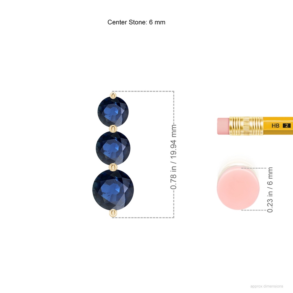 6mm AA Graduated Round Blue Sapphire Three Stone Earrings in Yellow Gold ruler