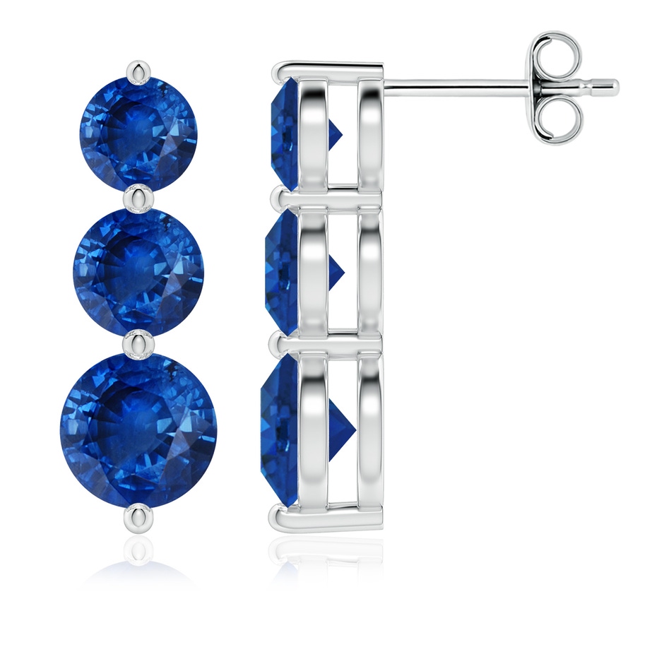 6mm AAA Graduated Round Blue Sapphire Three Stone Earrings in White Gold 