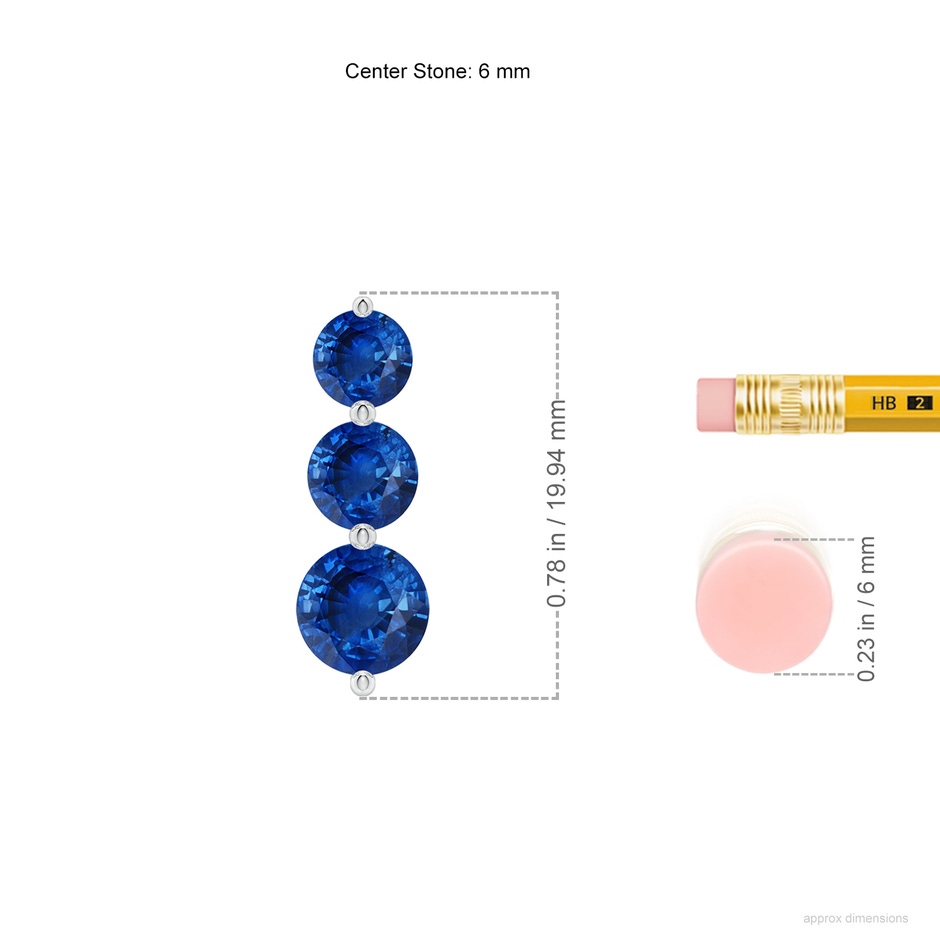 6mm AAA Graduated Round Blue Sapphire Three Stone Earrings in White Gold ruler
