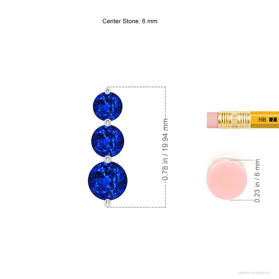 6mm AAAA Graduated Round Blue Sapphire Three Stone Earrings in P950 Platinum ruler