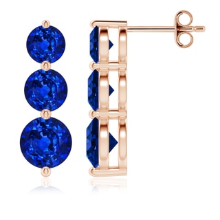 6mm AAAA Graduated Round Blue Sapphire Three Stone Earrings in Rose Gold