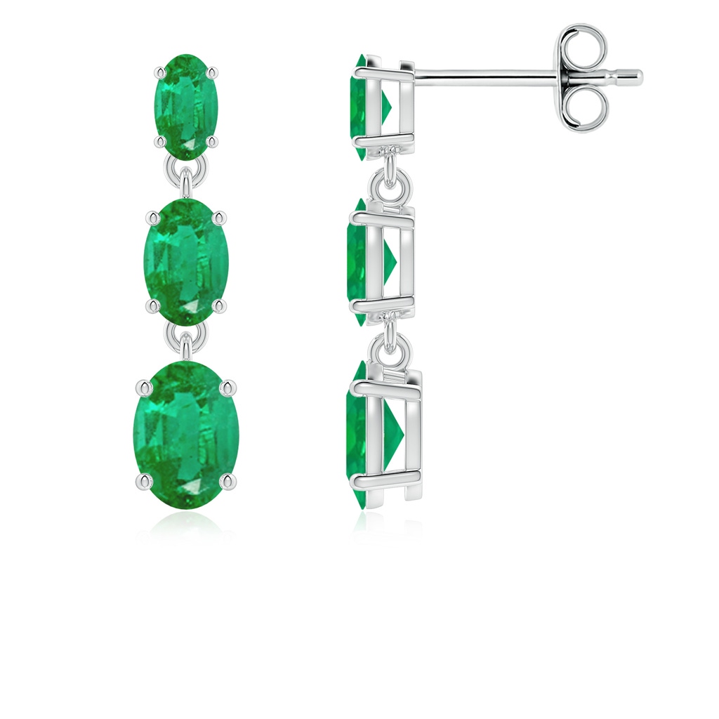 6x4mm AA Graduated Oval Emerald Three Stone Earrings in White Gold