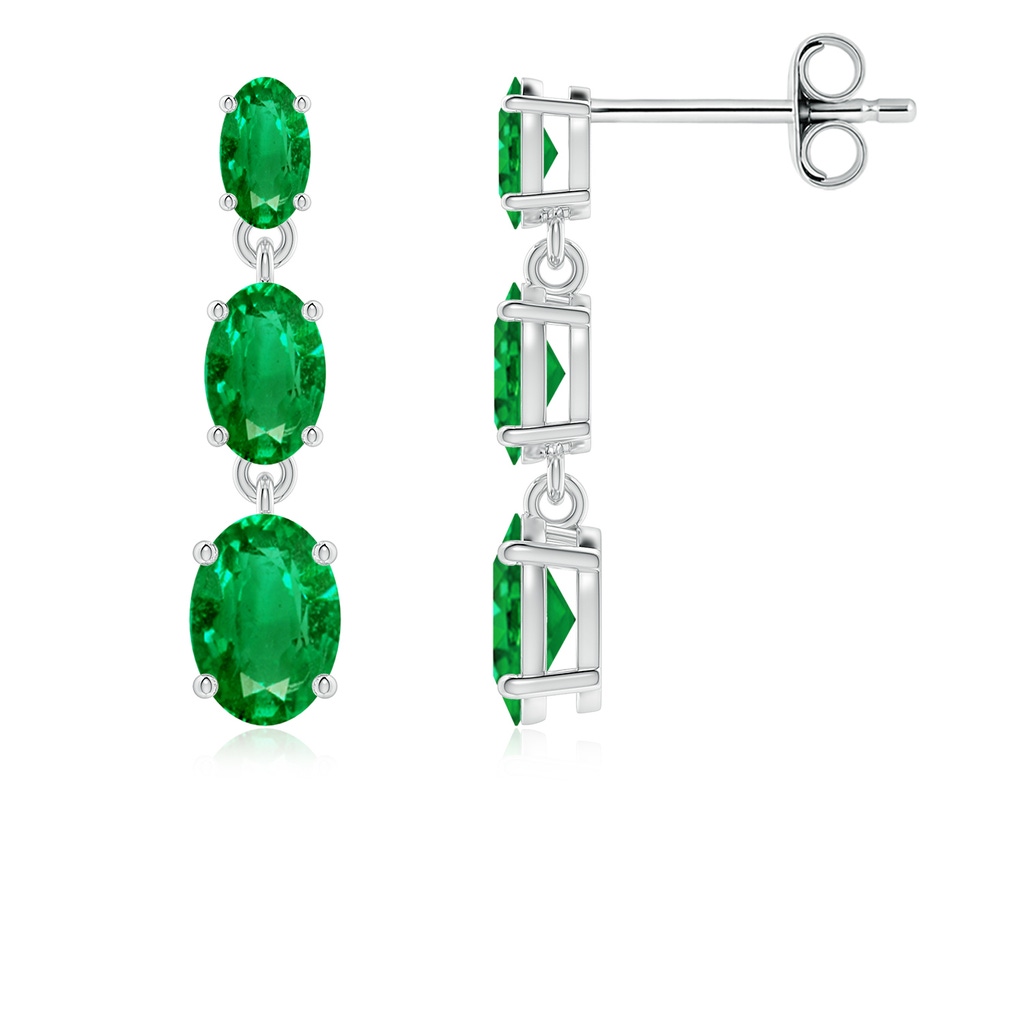 6x4mm AAA Graduated Oval Emerald Three Stone Earrings in 18K White Gold