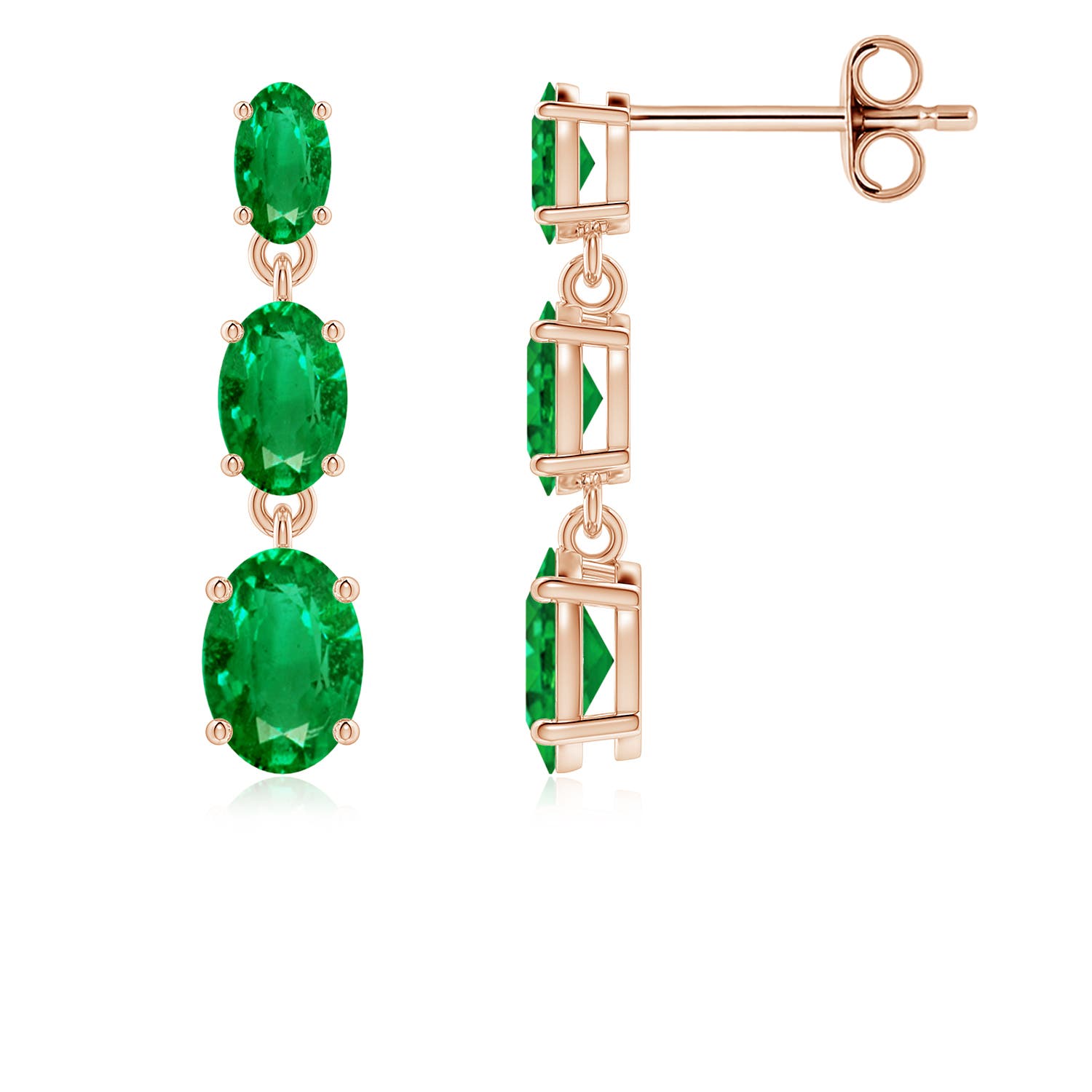 6x4mm AAA Graduated Oval Emerald Three Stone Earrings in Rose Gold