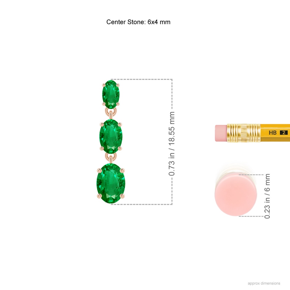 6x4mm AAA Graduated Oval Emerald Three Stone Earrings in Rose Gold ruler