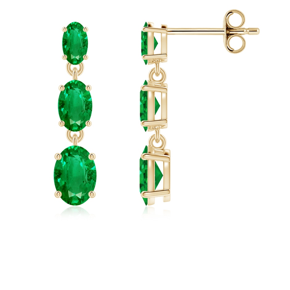 6x4mm AAA Graduated Oval Emerald Three Stone Earrings in Yellow Gold 