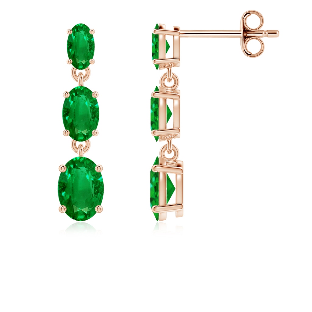 6x4mm AAAA Graduated Oval Emerald Three Stone Earrings in Rose Gold