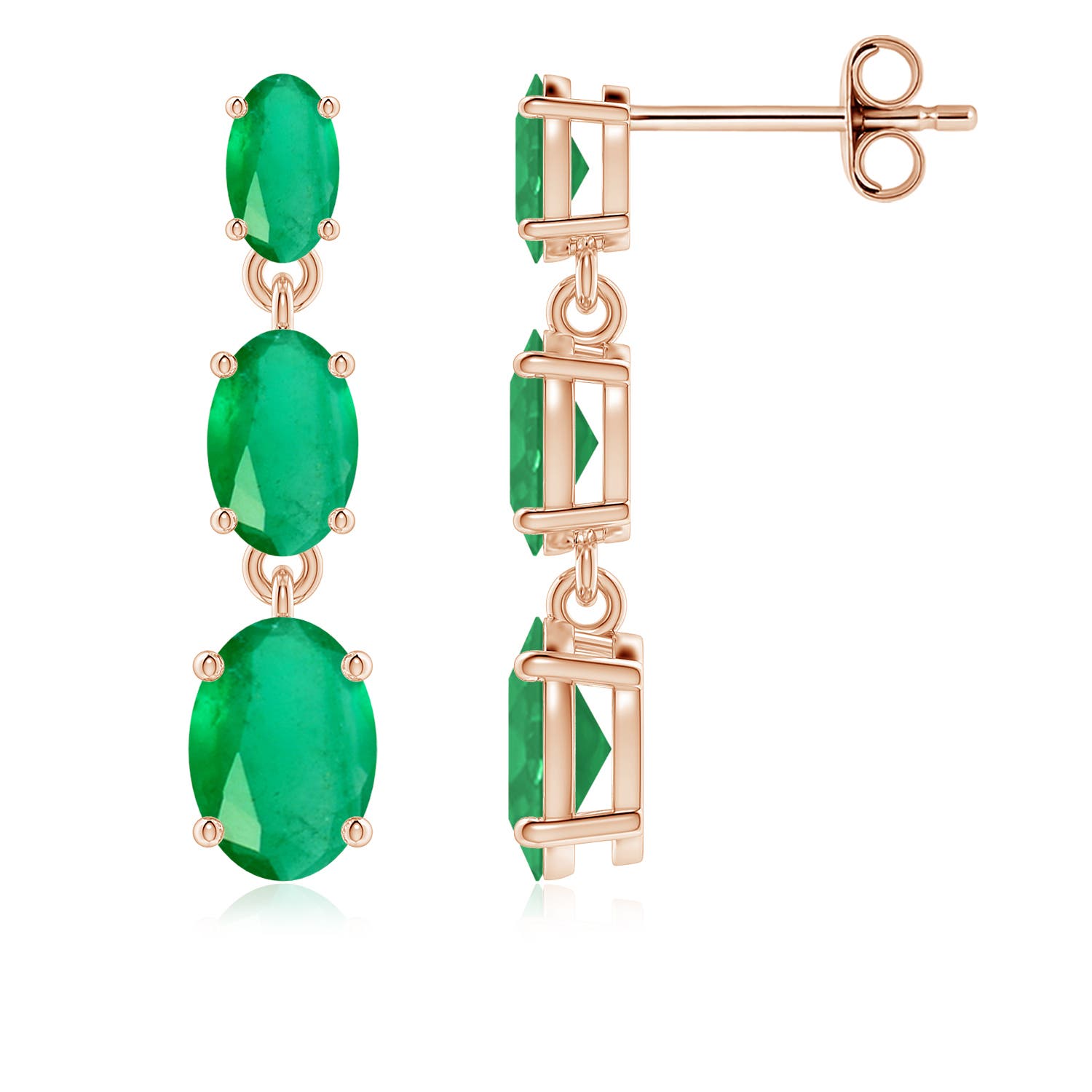 7x5mm A Graduated Oval Emerald Three Stone Earrings in Rose Gold