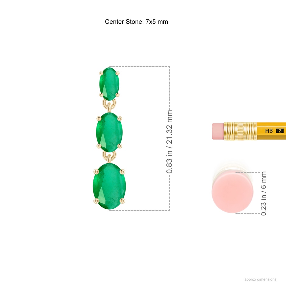 7x5mm A Graduated Oval Emerald Three Stone Earrings in Yellow Gold ruler