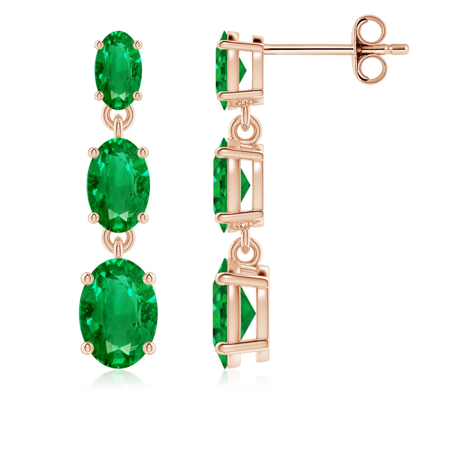 7x5mm AAA Graduated Oval Emerald Three Stone Earrings in Rose Gold 