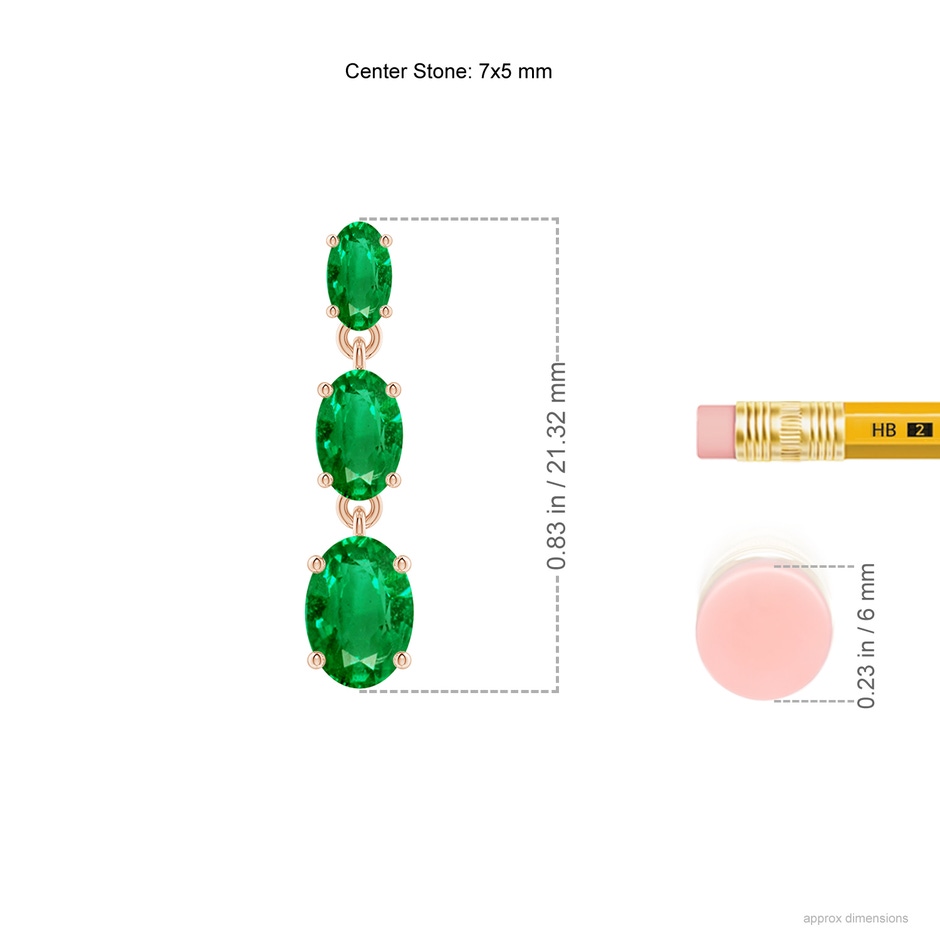 7x5mm AAA Graduated Oval Emerald Three Stone Earrings in Rose Gold ruler