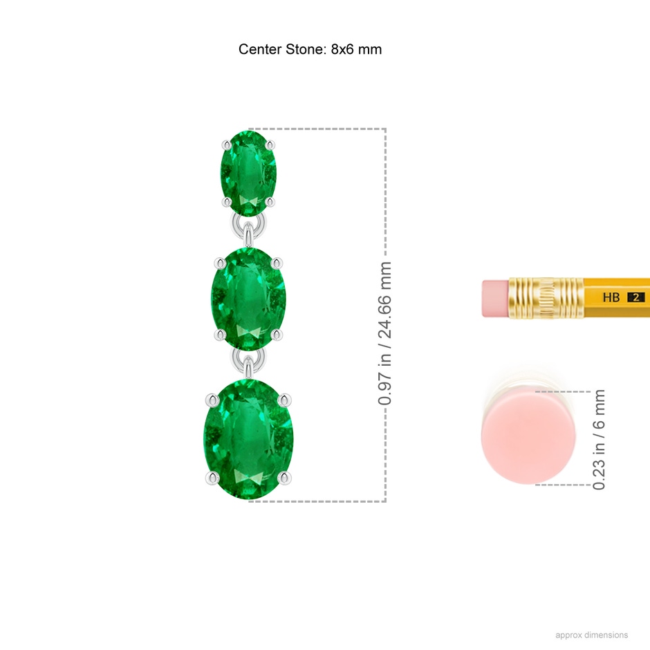 8x6mm AAA Graduated Oval Emerald Three Stone Earrings in P950 Platinum ruler
