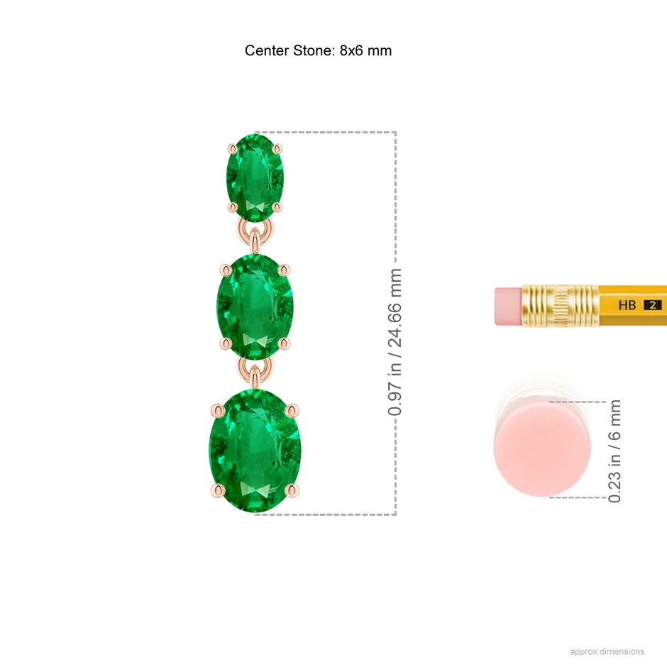 8x6mm AAA Graduated Oval Emerald Three Stone Earrings in Rose Gold ruler