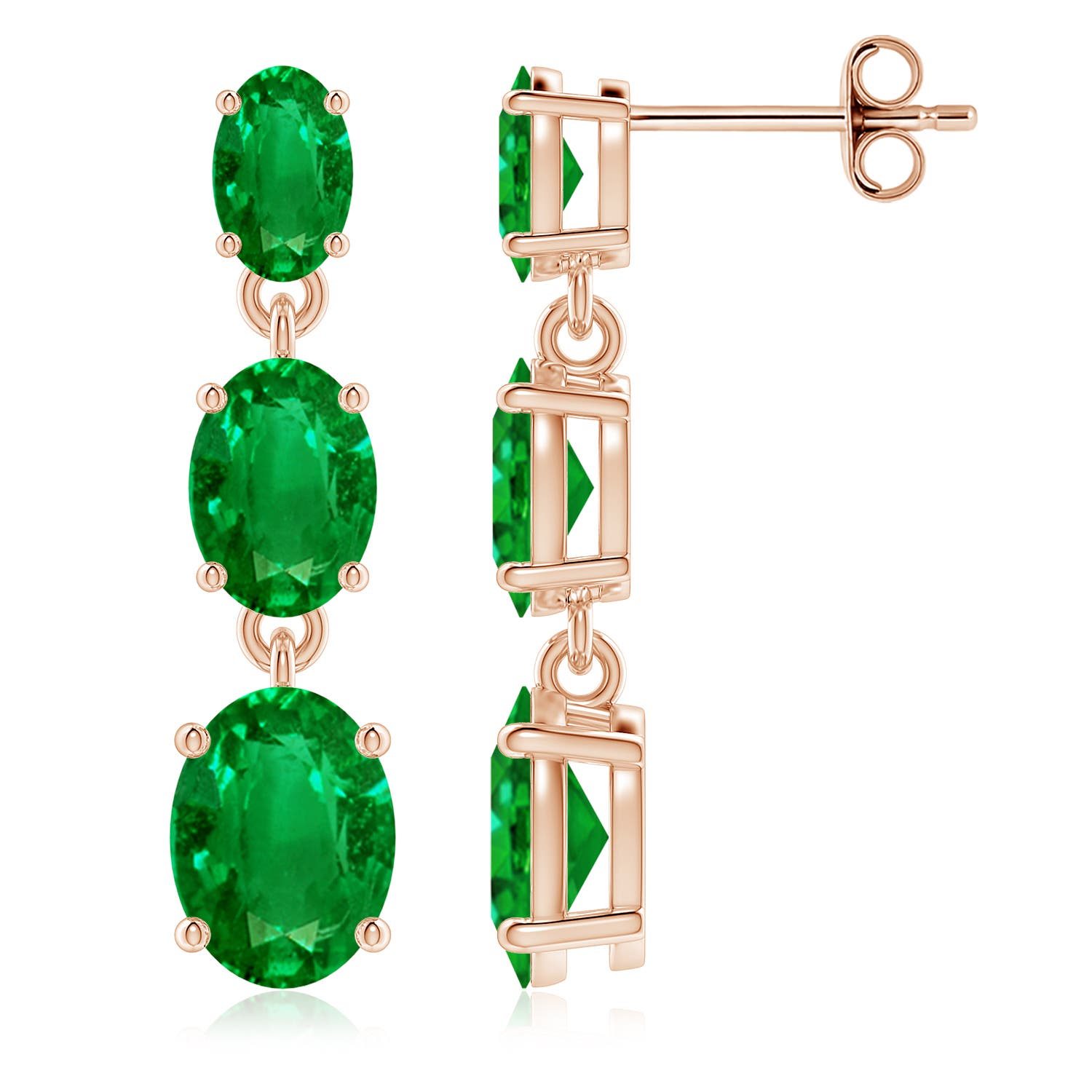 8x6mm AAAA Graduated Oval Emerald Three Stone Earrings in Rose Gold