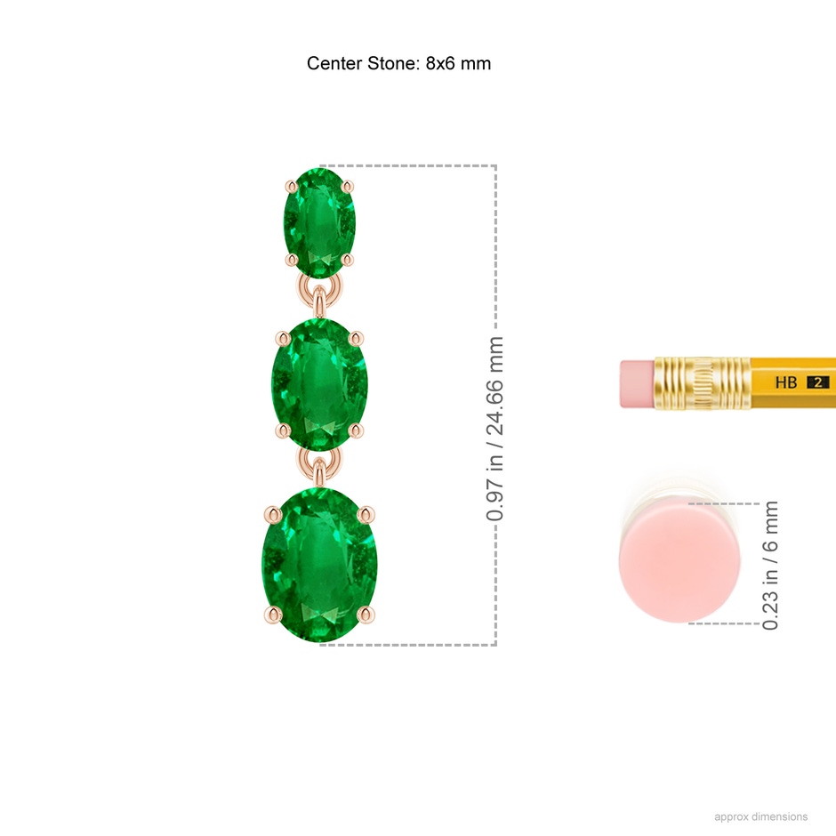8x6mm AAAA Graduated Oval Emerald Three Stone Earrings in Rose Gold ruler