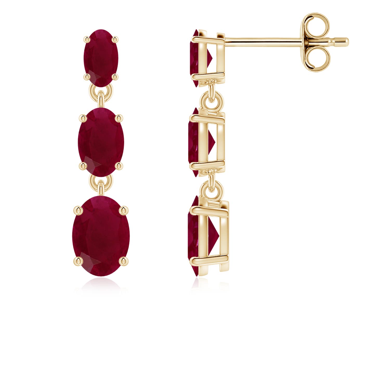 6x4mm A Graduated Oval Ruby Three Stone Earrings in 18K Yellow Gold