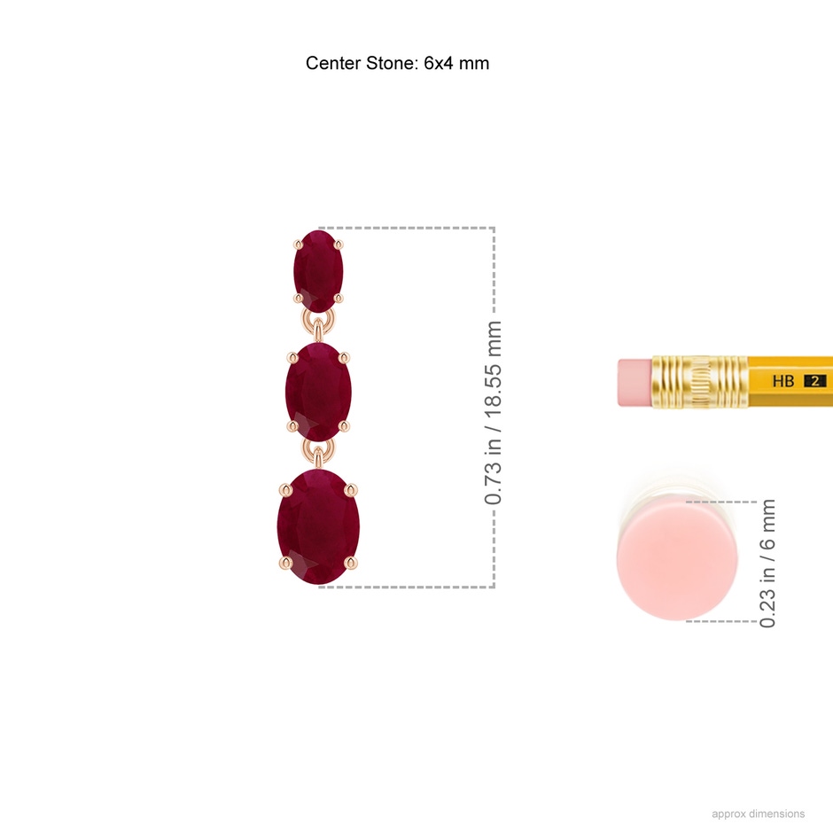 6x4mm A Graduated Oval Ruby Three Stone Earrings in Rose Gold ruler
