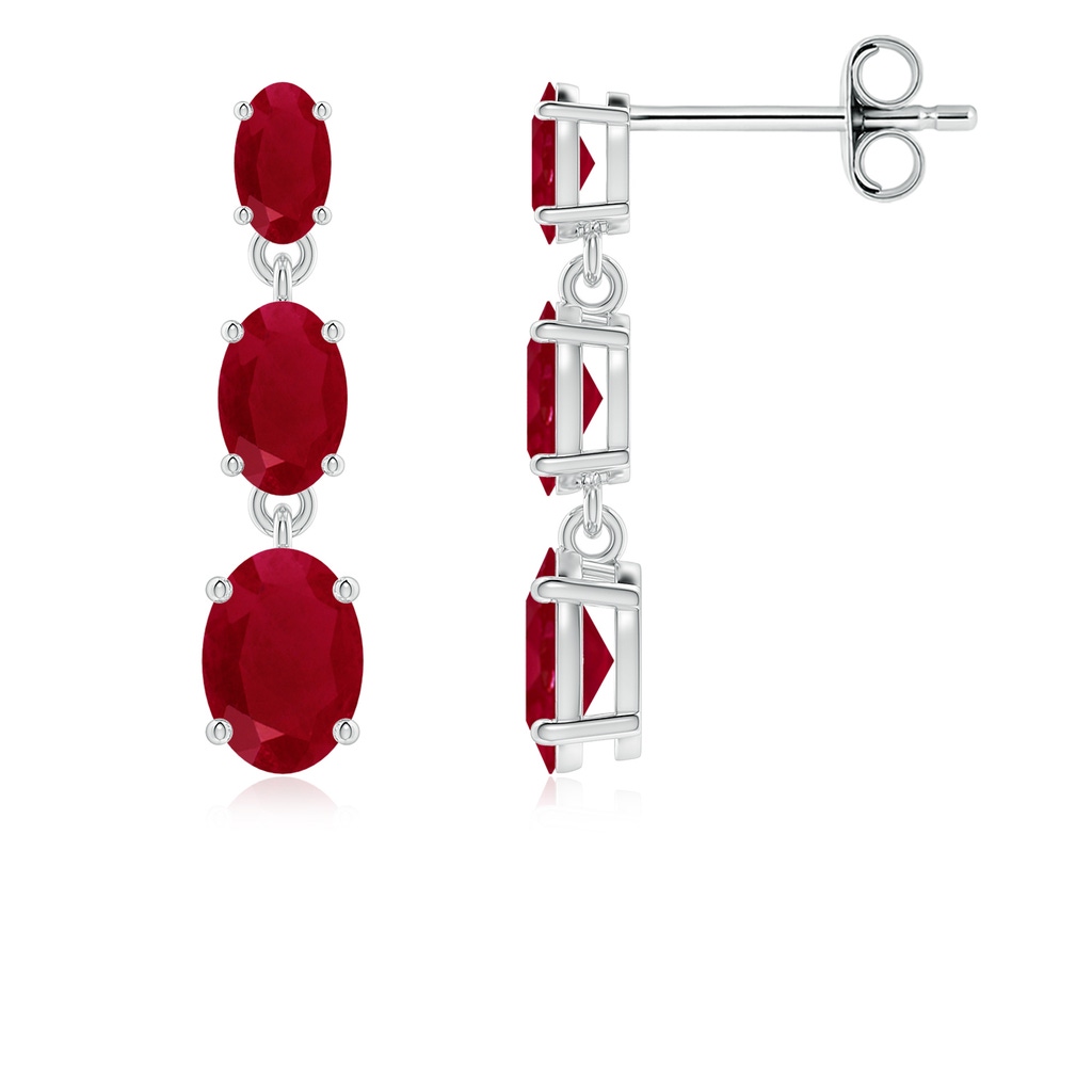 6x4mm AA Graduated Oval Ruby Three Stone Earrings in White Gold