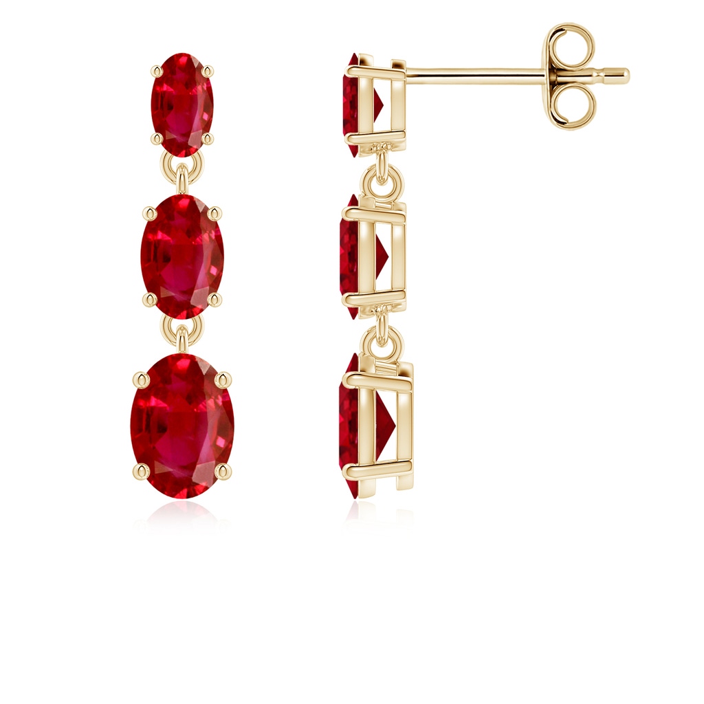 6x4mm AAA Graduated Oval Ruby Three Stone Earrings in Yellow Gold