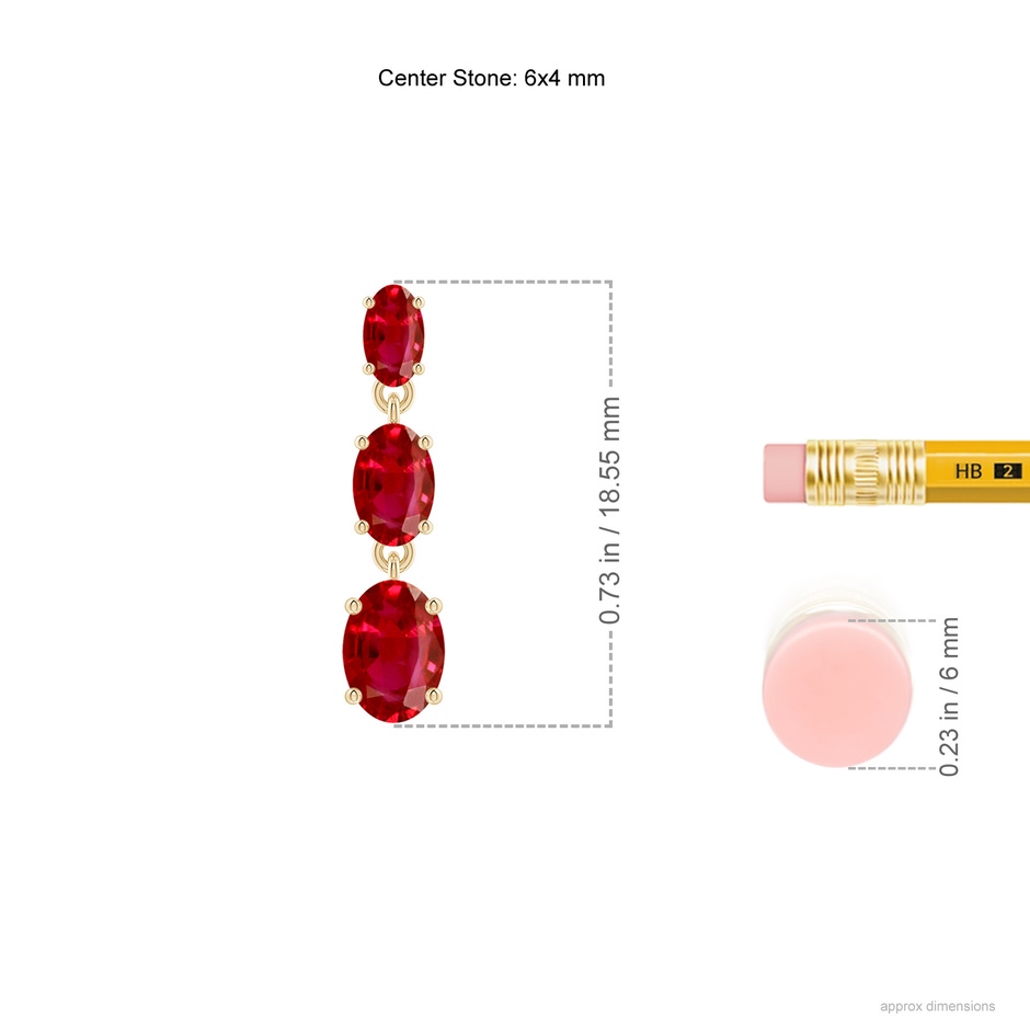 6x4mm AAA Graduated Oval Ruby Three Stone Earrings in Yellow Gold ruler