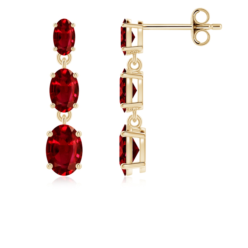 6x4mm AAAA Graduated Oval Ruby Three Stone Earrings in Yellow Gold