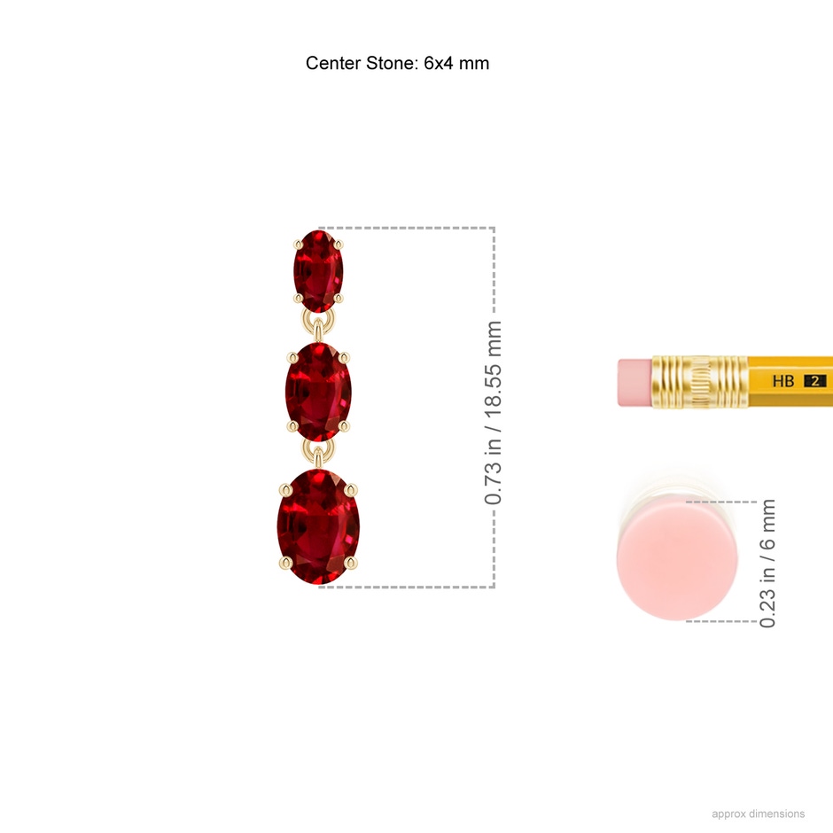 6x4mm AAAA Graduated Oval Ruby Three Stone Earrings in Yellow Gold ruler