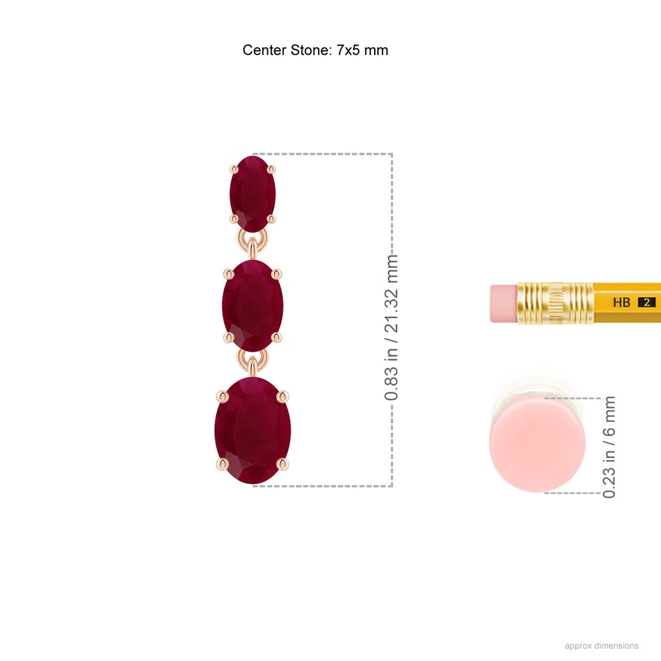 7x5mm A Graduated Oval Ruby Three Stone Earrings in Rose Gold ruler