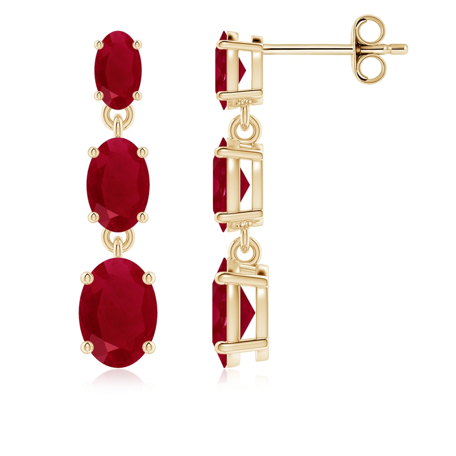 7x5mm AA Graduated Oval Ruby Three Stone Earrings in Yellow Gold 