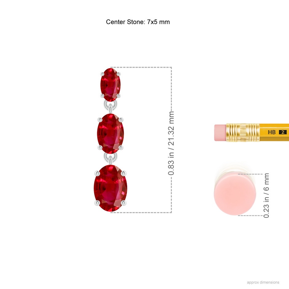 7x5mm AAA Graduated Oval Ruby Three Stone Earrings in P950 Platinum ruler
