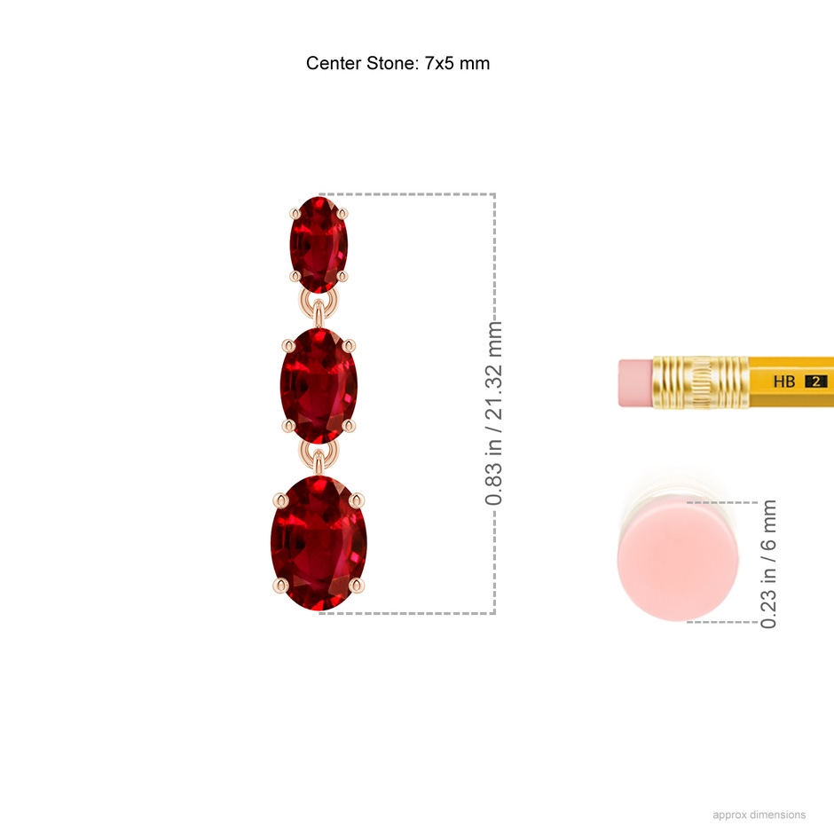 7x5mm AAAA Graduated Oval Ruby Three Stone Earrings in Rose Gold ruler